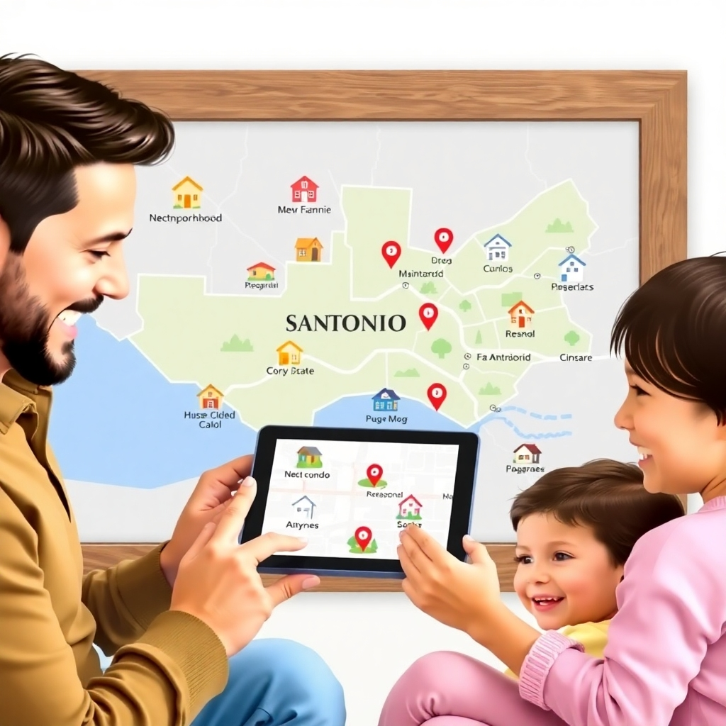 Depict a map of San Antonio with various neighborhoods highlighted, each with icons representing different property types (houses, condos, apartments). A family is shown using the map on a tablet, smiling and excited about the possibilities. The scene is colorful and engaging.