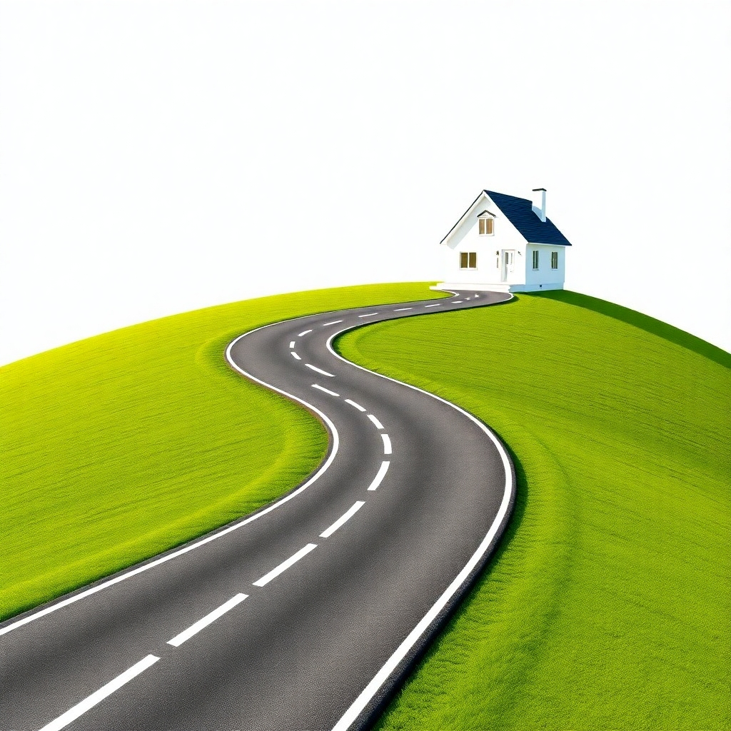 Depict a winding road representing a mortgage journey, leading to a brighter, more modern home symbolizing financial improvement through refinancing.