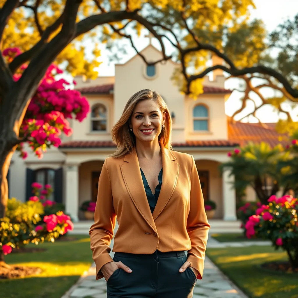 Generate a photorealistic, ultra-high quality image (8K resolution, hyperrealistic) of a modern, sleek real estate agent, May Reed, standing confidently in front of a stunning Spanish Colonial Revival home in San Antonio. The home should be bathed in warm, golden sunlight, highlighting its intricate details and vibrant colors. The background should include lush landscaping with vibrant bougainvillea flowers and mature oak trees. May Reed should be dressed in a professional yet stylish outfit, with a warm and inviting smile. The composition should focus on May Reed and the home, with the background elements adding depth and context. The overall mood should be sophisticated, welcoming, and aspirational, reflecting the high-quality service and expertise that May Reed Realtor offers.  For style references, please consider the work of photographers like Annie Leibovitz and Peter Lindbergh., ultra high resolution, photorealistic, 8K, hyperdetailed, cinematic lighting
