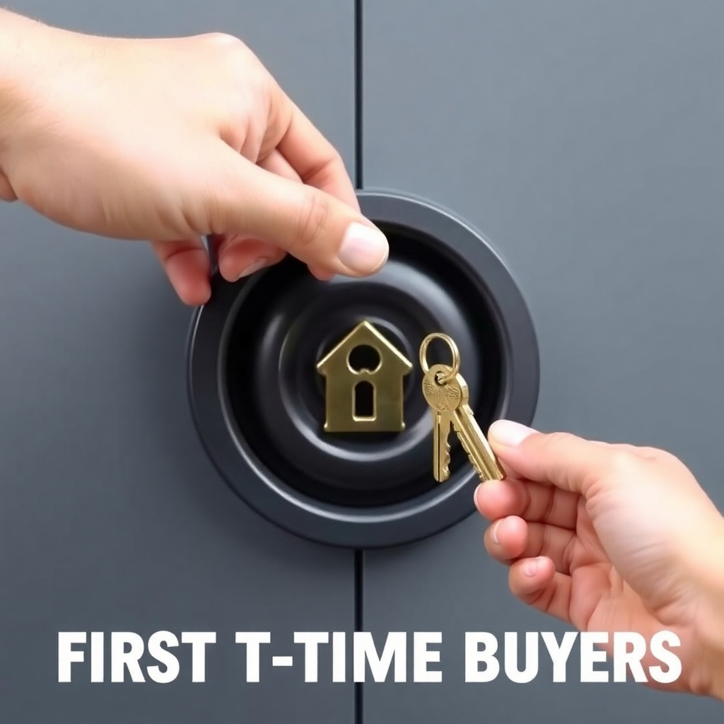 Imagine a helping hand guiding a key into a lock of a new home, symbolizing assistance and opportunity for first-time buyers.