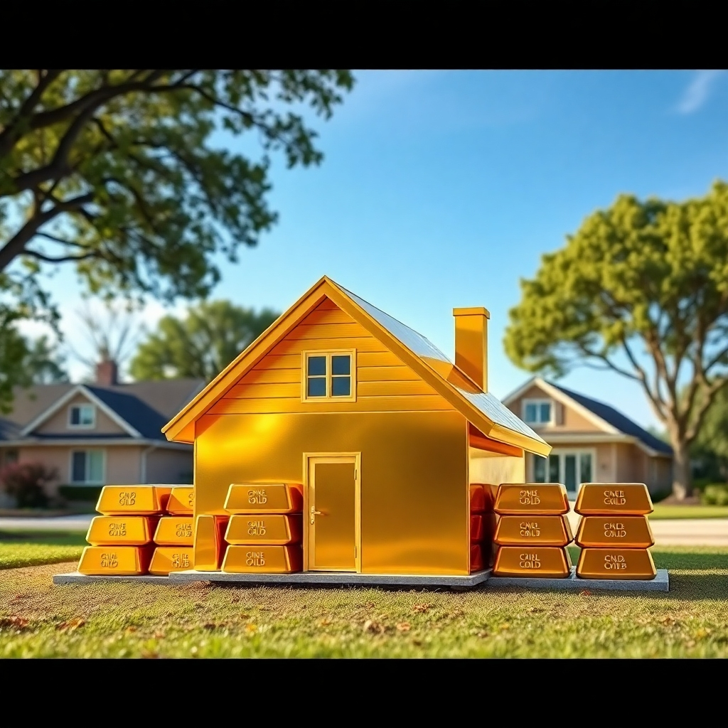Imagine a house slowly being built out of gold bars, symbolizing the accumulation of equity. The background is a suburban neighborhood with mature trees. The image conveys stability, security, and long-term financial gain.
