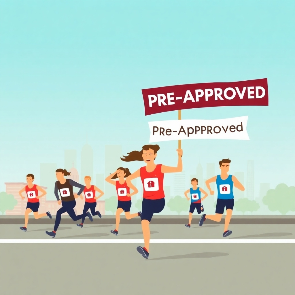 Imagine a race with runners representing potential homebuyers. One runner is clearly ahead, holding a 'Pre-Approved' banner. The backdrop is a stylized cityscape with subtle San Antonio landmarks. The image conveys speed, efficiency, and a clear advantage.