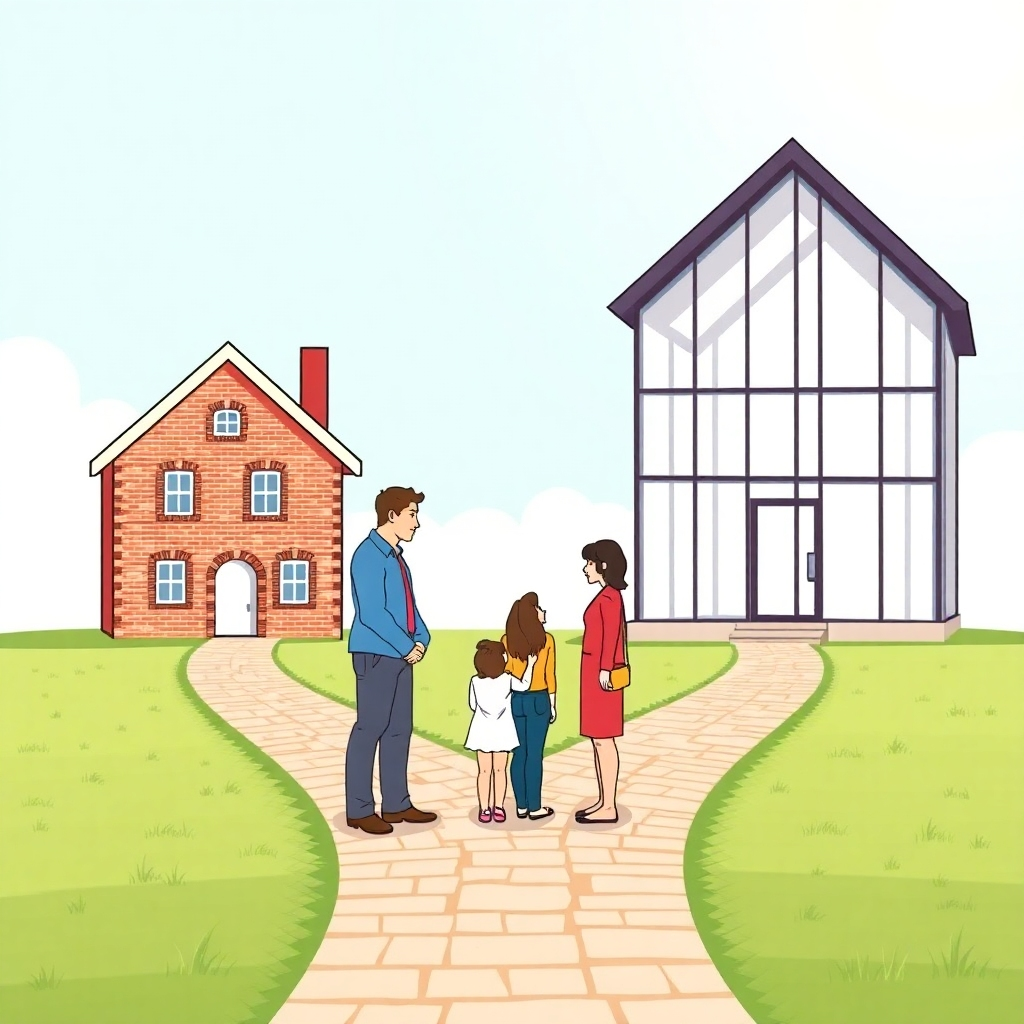 Visualize a crossroads with two distinct paths representing fixed-rate and adjustable-rate mortgages. One path leads to a stable, brick home; the other to a modern, glass structure. A family stands at the crossroads, thoughtfully considering each option under the guidance of a friendly professional. The scene is bright and hopeful.