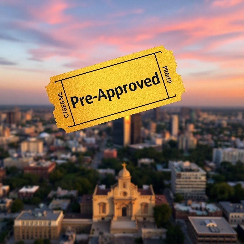 Visualize a golden ticket with 'Pre-Approved' stamped on it, floating over a cityscape of San Antonio. The image should convey opportunity and access.