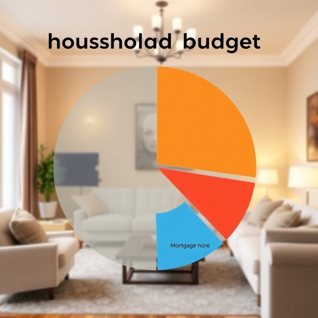 Visualize a household budget, represented as a pie chart with segments for mortgage payments, utilities, and other expenses. The chart is overlaid on an image of a cozy, well-lit living room, suggesting financial security and a comfortable home life. The style is clean and informative.