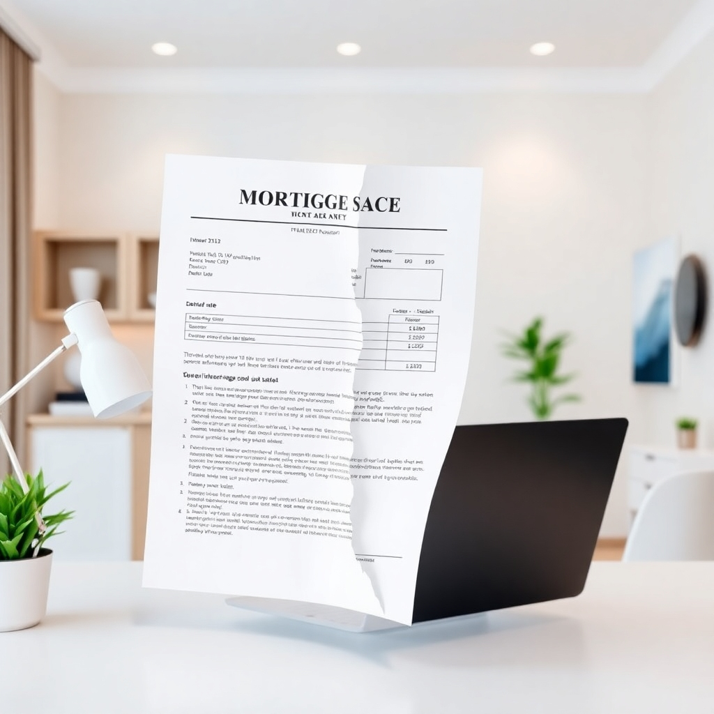 Visualize a mortgage document transforming into a more favorable one, with the interest rate decreasing. The setting is a modern home office with soft lighting. The image conveys savings and financial improvement.