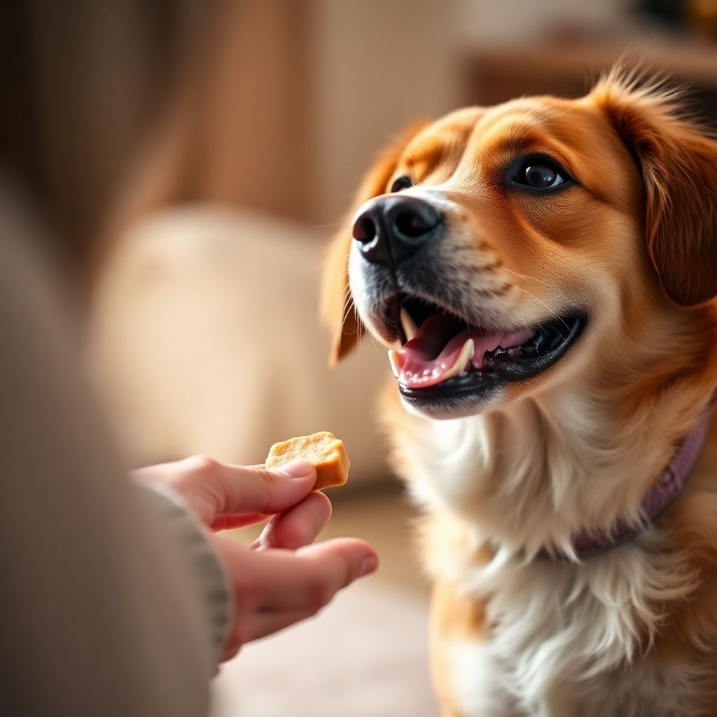  A photorealistic image, 4k resolution, showing a dog receiving a treat from its owner after successfully performing a trick. The lighting should be soft and natural, with a warm color palette. The composition should be close-up, focusing on the interaction between the dog and owner. The overall mood should be positive and heartwarming. Include a small treat in the owner's hand as a prop. The camera angle should be slightly low, emphasizing the dog's happy expression.