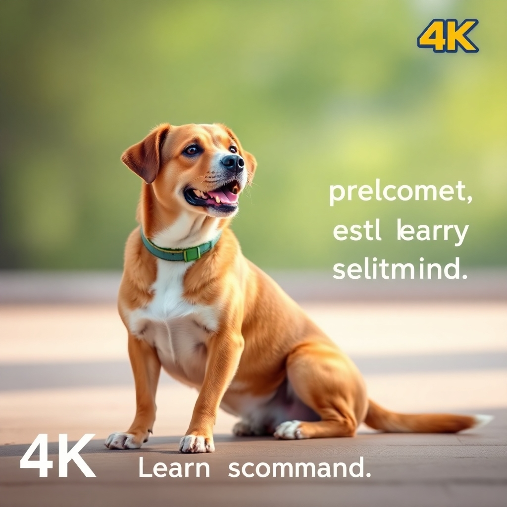 A photorealistic image, 4K resolution, of a dog successfully obeying a 'sit' command. The lighting is bright and cheerful, with a soft, natural background. The composition should showcase the dog's attentive posture. The style should be similar to a professional dog training advertisement. The image emphasizes the achievement of successfully learning a command.