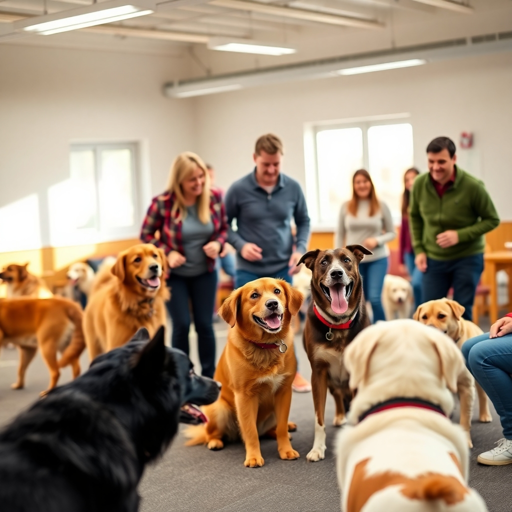 A photorealistic image, 4k resolution, showcasing happy dogs and their owners in a group training setting. The lighting is bright and positive, with a warm color palette. The composition should emphasize the friendly and engaging atmosphere of a class. The style should be warm and welcoming. Include people and dogs interacting positively