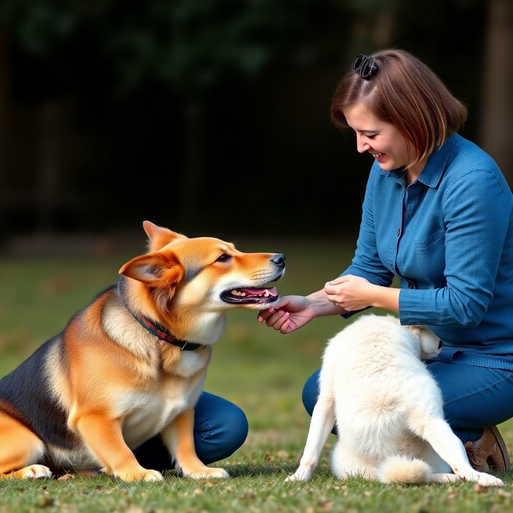 A photorealistic image of a dog trainer calmly interacting with a dog, showing effective positive reinforcement techniques. The focus should be on creating a trusting and positive relationship.
