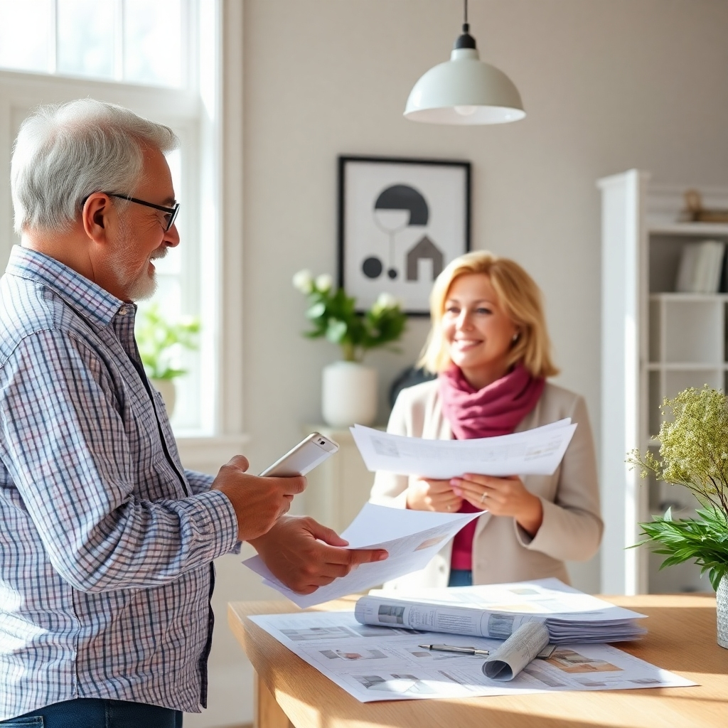 A photorealistic image of a homeowner and a consultant discussing home improvement options. The image should focus on collaborative planning, design ideas, and material selection. Lighting should be bright and friendly. Use a color palette that reflects creativity and collaboration. The camera angle should showcase the interaction between the homeowner and consultant. Textures should include design samples and plans. The style should be friendly, inviting, and professional. Technical Specs: High-quality photorealistic rendering.