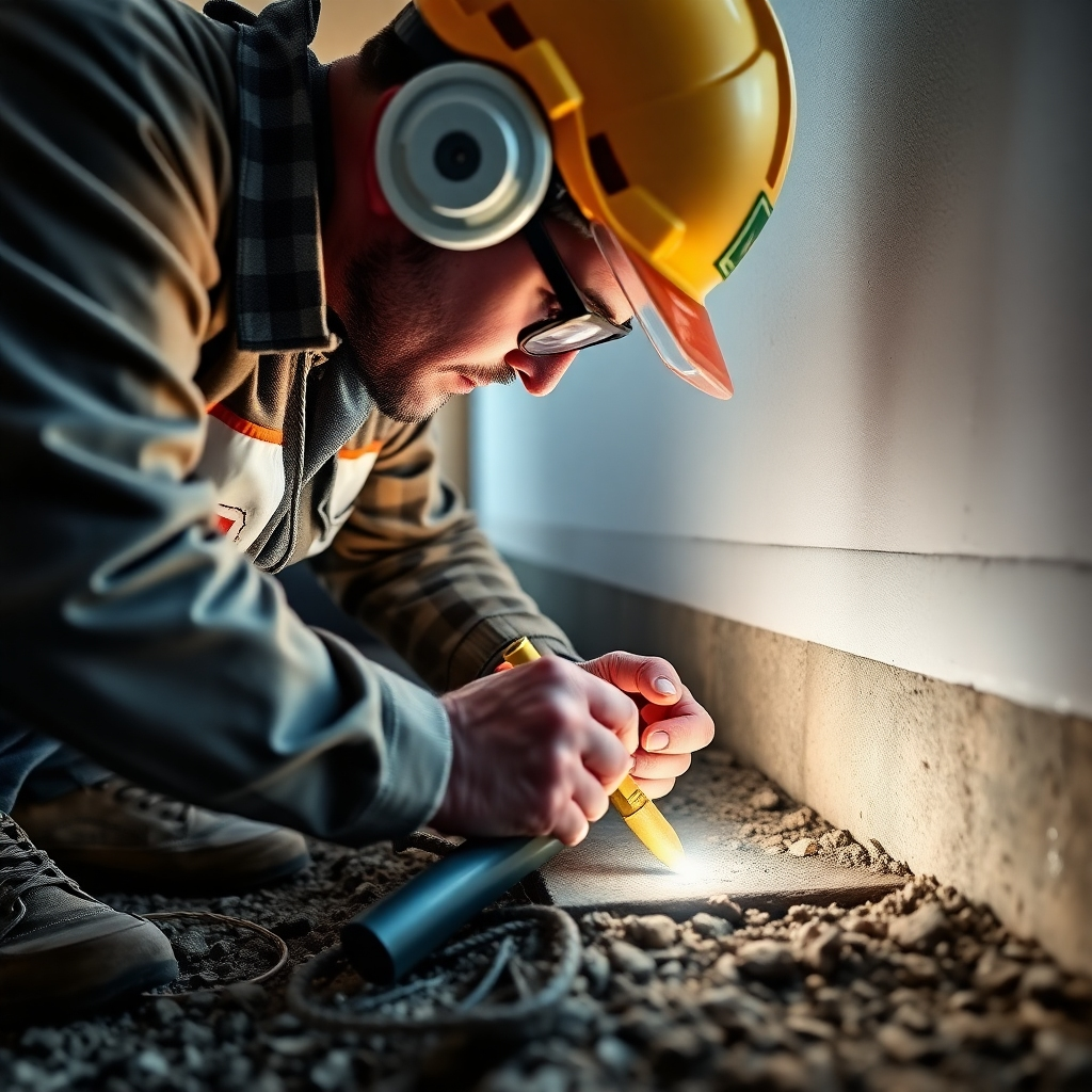 A photorealistic image of a home inspector meticulously examining a home's foundation. The image should depict professional tools, precise examination, and attention to detail. Lighting should be bright, highlighting the inspector's focused work. Use a color palette reflecting professionalism and precision. The camera angle should focus on the inspector's careful work, while still showing the context of the home. Textures should be realistic, showcasing building materials and tools. The style should convey accuracy, professionalism, and trustworthiness. Technical Specs: High-quality photorealistic rendering.