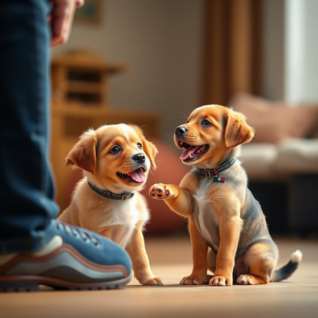 A photorealistic image of a playful puppy learning basic commands during a training session. Use soft lighting, warm colors, and emphasize the positive interaction between the puppy and the trainer.