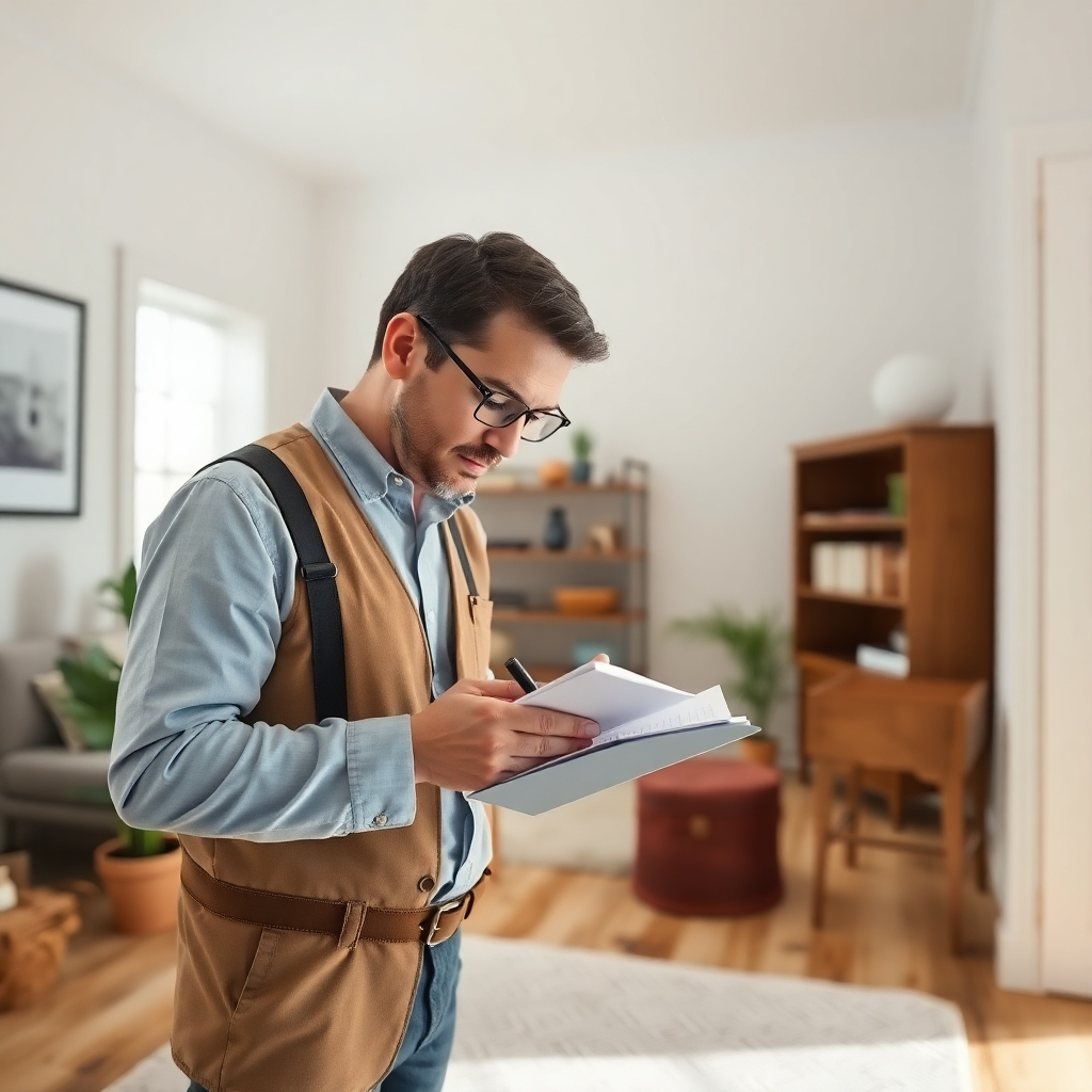 A photorealistic image of a real estate appraiser assessing a home's interior. The image should show the appraiser using tools, taking notes, and paying attention to details.  Lighting should be bright, showcasing the property's features. Use a professional color palette. The camera angle should be from a perspective that showcases the property's details. Textures should be realistic, highlighting the materials used in the home. The style should be professional and unbiased. Technical Specs: High-quality photorealistic rendering.