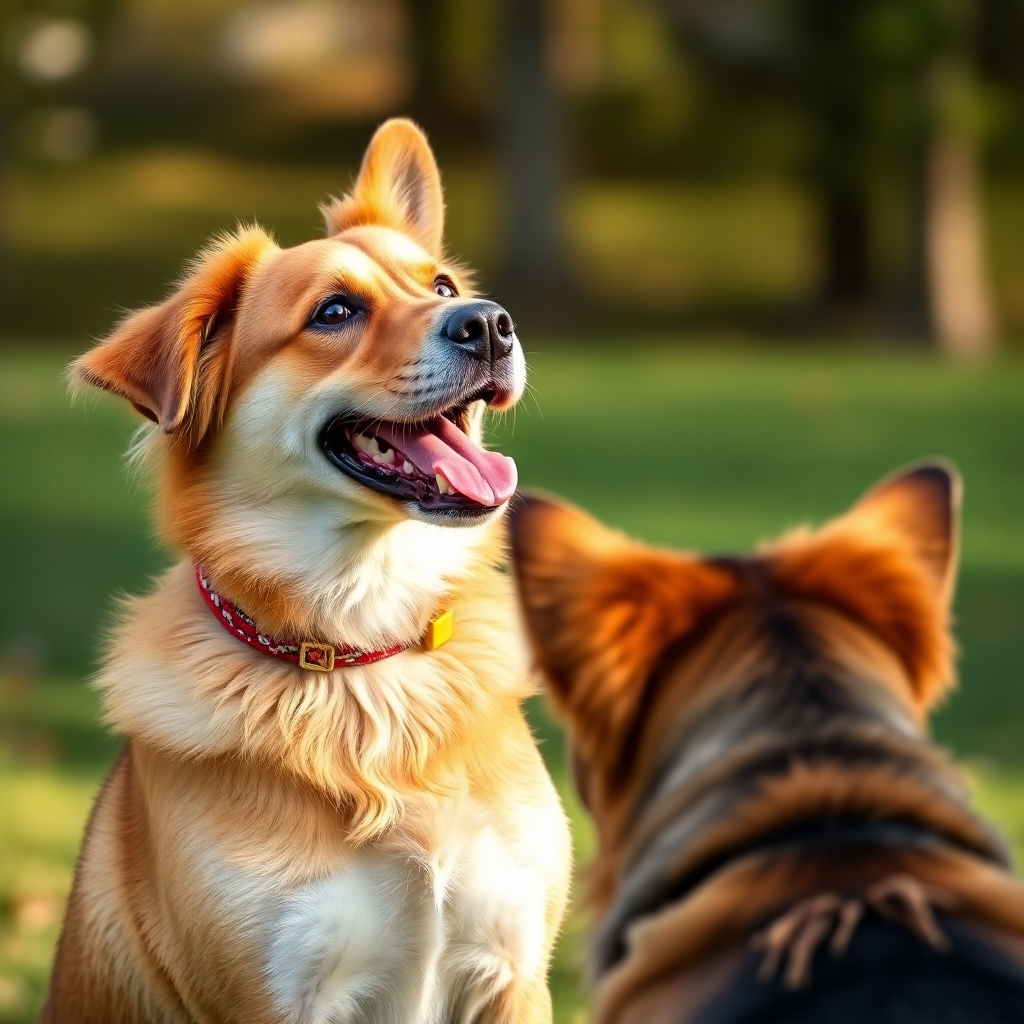 A photorealistic image showing an adult dog happily responding to a training command. The focus should be on good communication and positive reinforcement.