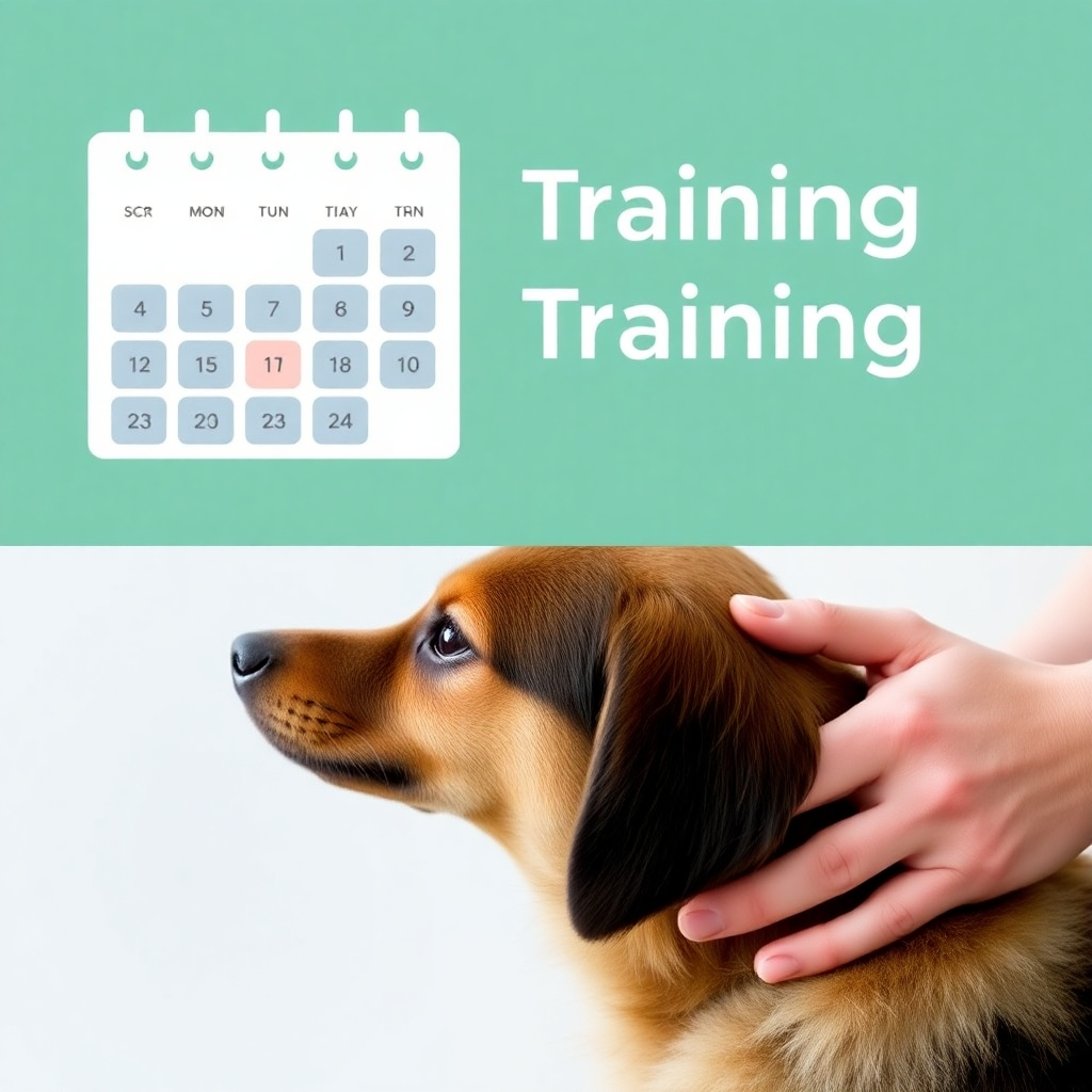  A stylized image, 4K resolution, showcasing a calendar with marked training sessions, alongside a close-up of gentle hands petting a dog. The color palette is calming blues and greens. The style should be clean and modern, representing the organized structure of training. The image conveys calmness and gentle guidance. Textures should include soft fur and the smooth surface of a modern calendar.