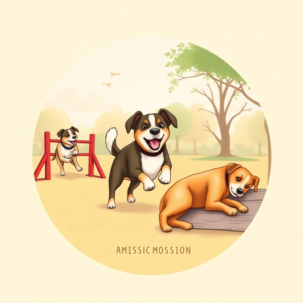 A stylized image, 4K resolution, representing Danny's Dog's mission.  The image depicts three distinct scenes within a circular frame: a dog successfully completing an obstacle course; a dog and owner joyfully playing fetch in a park; a dog calmly resting with its owner. Each scene is softly lit with warm, pastel colours. The style draws inspiration from vintage illustrated books, emphasizing the bond between dog and owner. Use a detailed line-art style with subtle watercolors for a nostalgic, friendly feel.  The overall composition should be circular to represent the cycle of training and bonding. Include subtle textures, such as soft fur and weathered wood for the obstacle course.