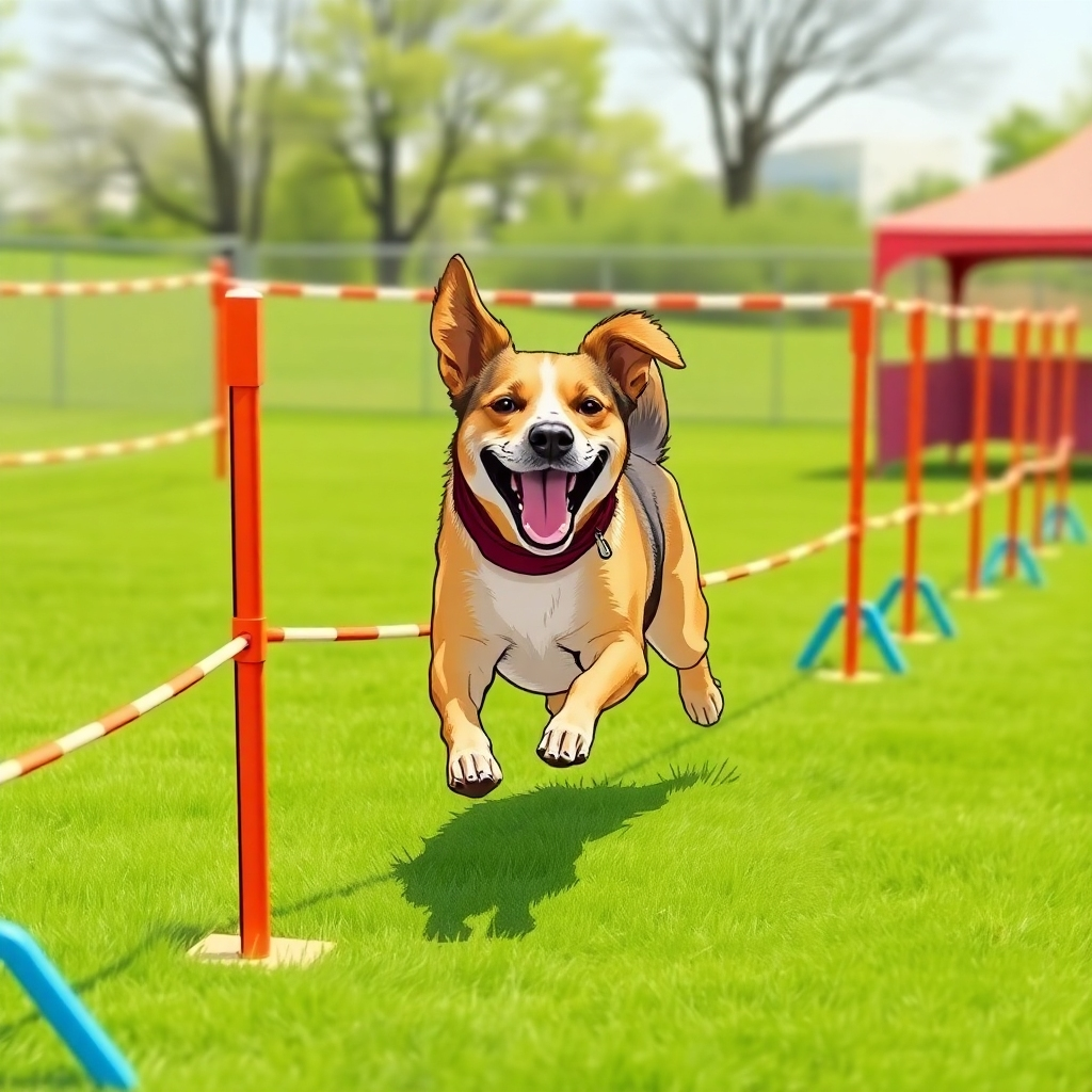 A stylized image showing a dog happily navigating an agility course. The style should be energetic and dynamic, focusing on the dog's speed, agility, and coordination. Bright, vibrant colors are important.