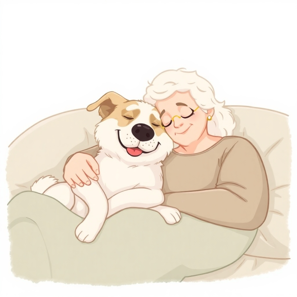An illustration of a senior dog happily relaxing with its owner. The focus should be on comfort and gentle companionship. The art style should be calming and comforting.