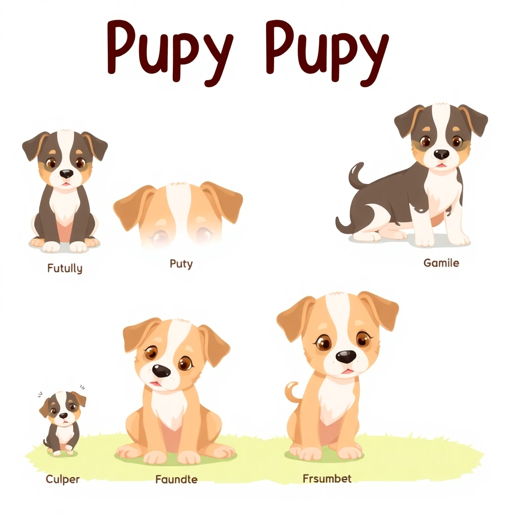An illustration showing various stages of puppy growth and development. The art style should be cute and appealing, highlighting the puppy's development.
