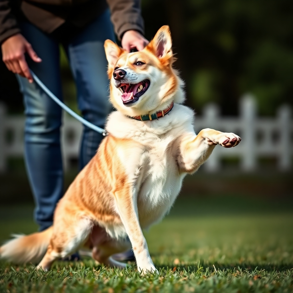 An image depicting a dog happily executing obedience commands. Use a dynamic composition to showcase the dog's attentiveness and cooperation with the trainer. Focus on clear communication and positive reinforcement.