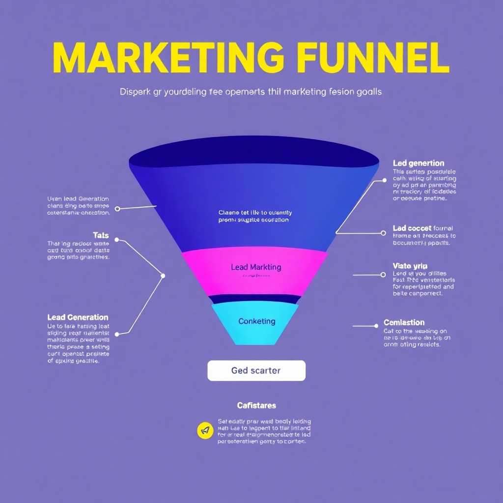 An infographic-style image, 4K resolution, visually representing a marketing funnel from lead generation to client conversion. The color palette is bold and engaging, using vibrant hues to capture the attention of viewers. The style is modern and data-driven. The overall composition is well-organized and easy to understand.