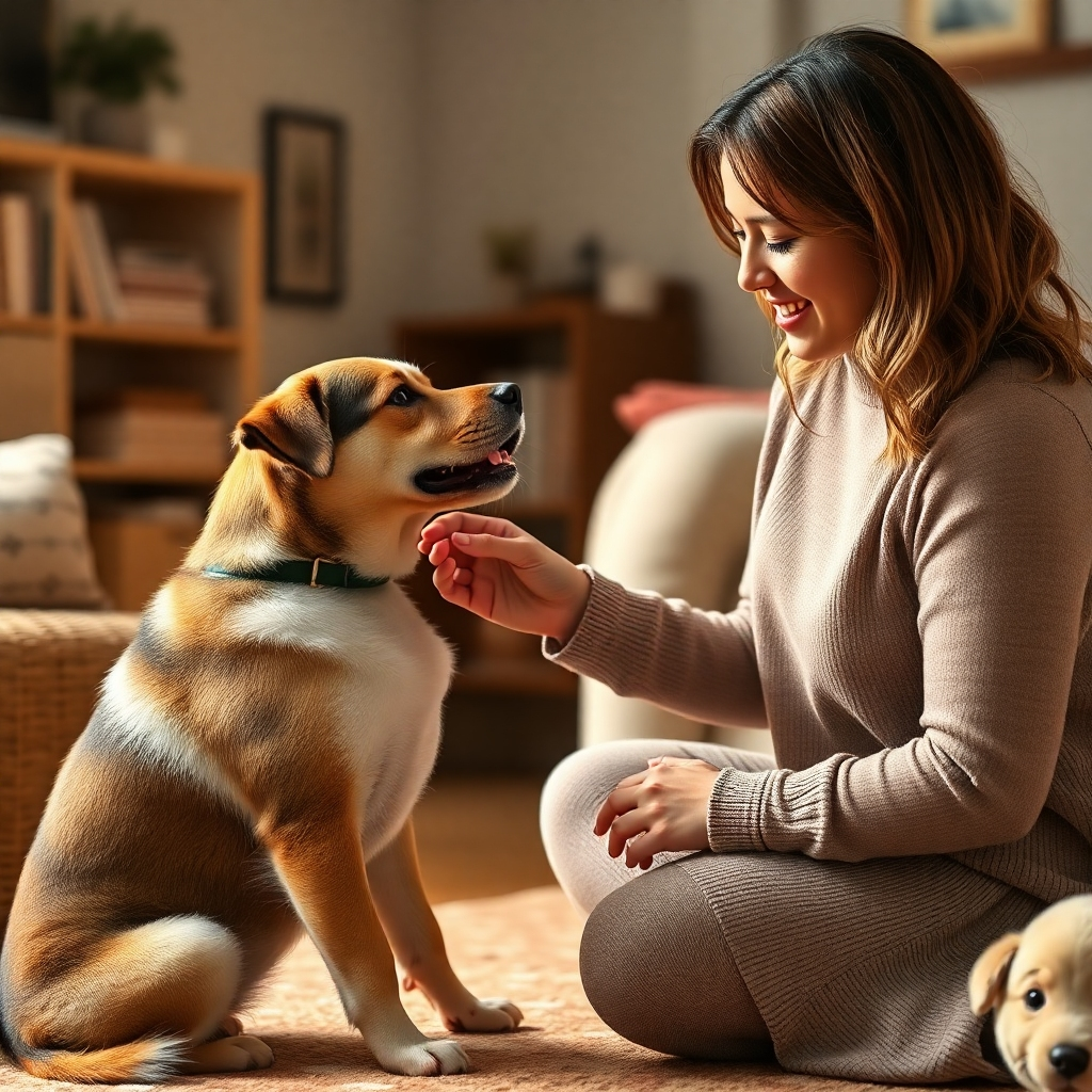 Create a photorealistic 4K image showcasing a heartwarming scene of a dog owner and their dog working together on a training exercise.  The owner should be using positive reinforcement, with a gentle touch and encouraging words. The setting should be a cozy home environment.  The lighting should be warm and inviting, creating a peaceful and loving atmosphere. The color palette should include earth tones and muted pastels. The image should have a shallow depth of field, focusing on the interaction between the dog and the owner. Reference images depicting gentle dog training methods and loving dog-owner interactions.  The overall style should be heartwarming and intimate.
