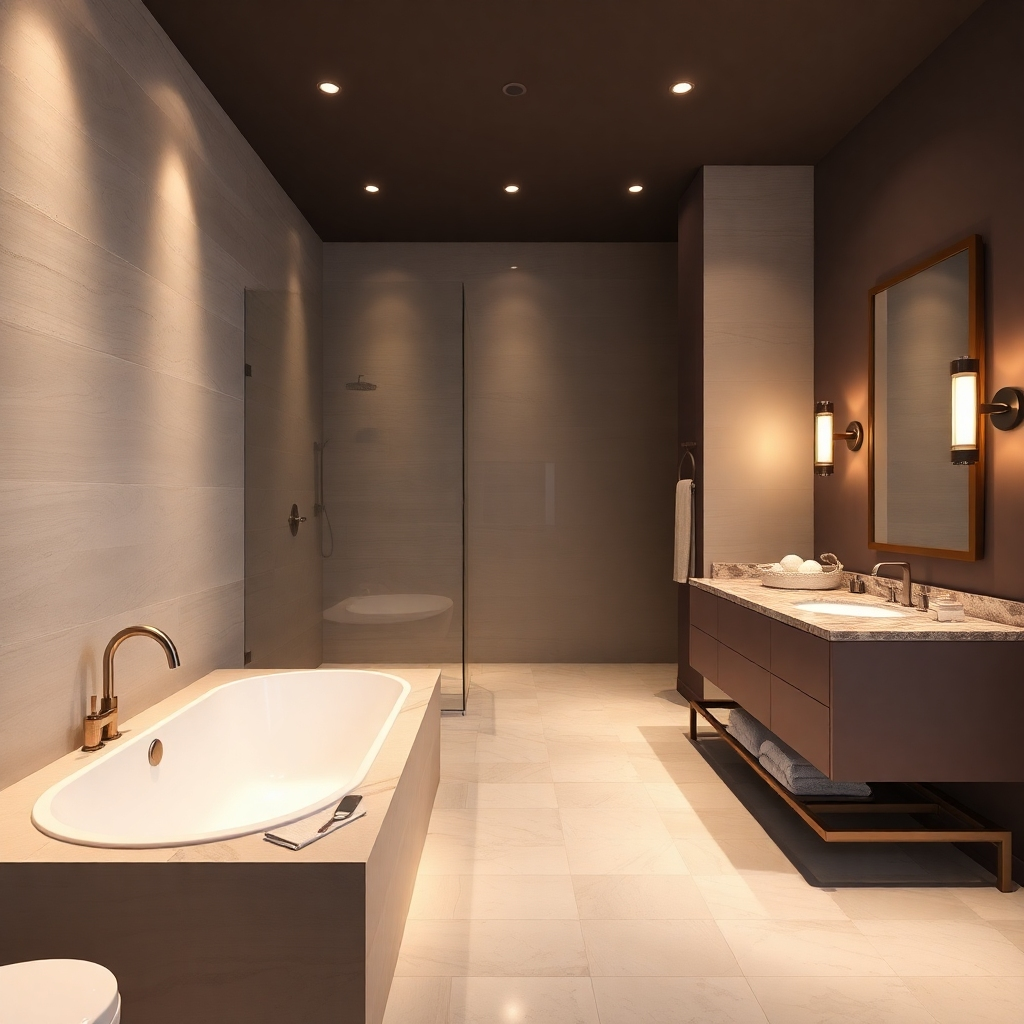 Create a photorealistic image of a luxurious bathroom with updated fixtures, flooring, and lighting. Show a soaking tub, a walk-in shower, and modern vanity. The lighting should be soft and warm. Use a sophisticated color palette. The camera angle should show the bathroom's amenities. Textures should be realistic, from tile to fixtures. The style should be luxurious and spa-like. Technical specs: High-quality, photorealistic rendering.