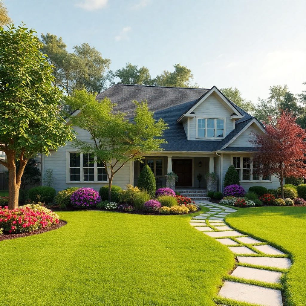 Create a photorealistic image of a house with a beautifully landscaped yard. Show well-maintained lawns, colorful flowers, and mature trees. The lighting should be natural and inviting. Use a color palette inspired by nature. The camera angle should showcase the house and yard together. Textures should include grass, plants, and stone pathways. The style should be natural and inviting. Technical specs: High-quality, photorealistic rendering.