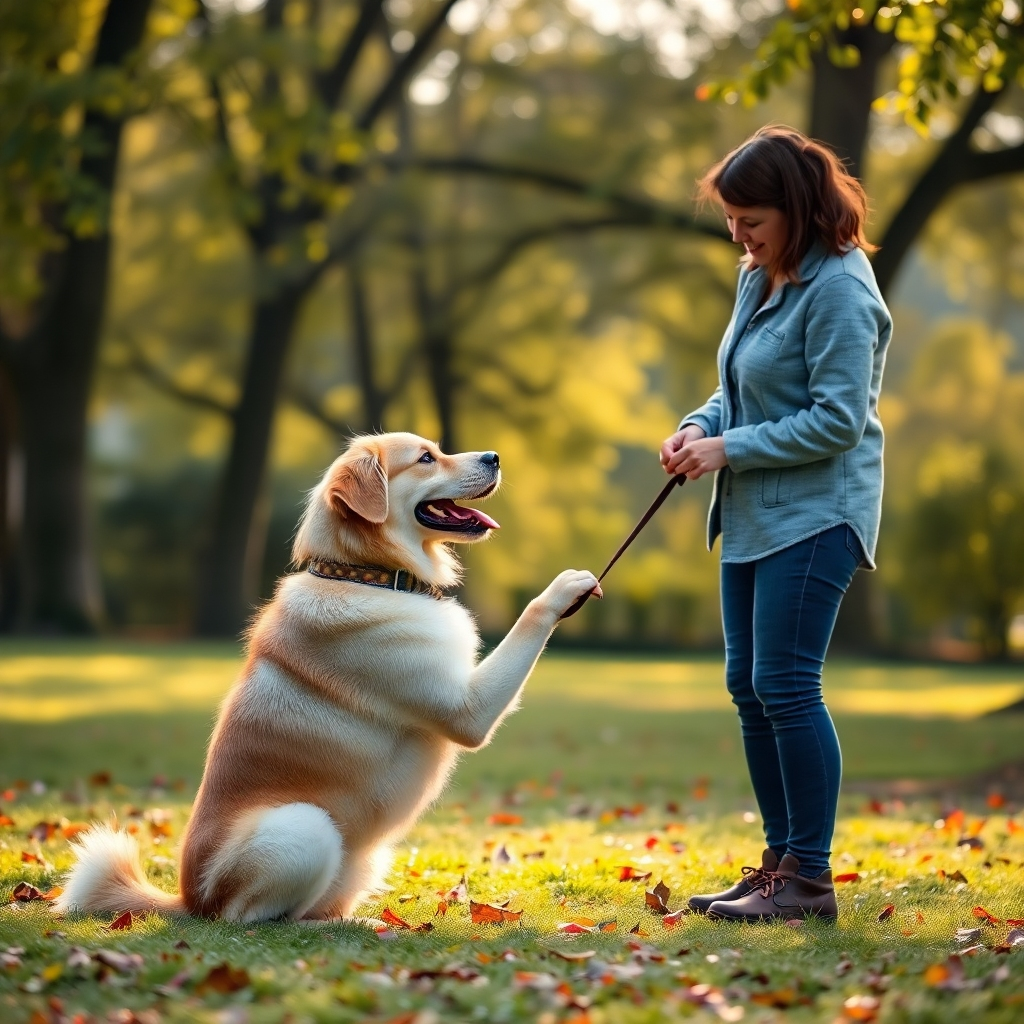  Create a photorealistic image of a dog owner successfully teaching their dog basic obedience commands in a park setting. The lighting should be natural and soft, and the overall mood warm and friendly. The image should emphasize positive reinforcement techniques. High-quality textures and details are important.