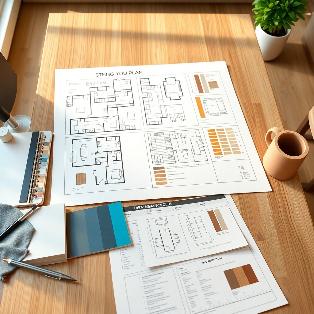 Create a photorealistic image of a detailed home remodeling plan displayed on a large table. The plan should include floor plans, material selections, and a timeline. The composition should highlight the organization and detail.  The lighting should be warm and inviting. Use a neutral color palette with pops of color from the design elements. The camera angle should allow for a clear view of the plan. Textures should include the paper of the blueprints and samples of materials. The style should be professional and organized. Technical specs: High-quality, photorealistic rendering.