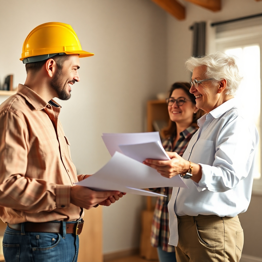 Create a photorealistic image of a contractor and homeowner having a productive meeting. Show blueprints, samples, and a friendly discussion. The lighting should be natural and bright, symbolizing trust and communication. Use warm and inviting colors. The camera angle should show both people engaging in a positive exchange. Textures should include fabric of clothes and paper materials. The style should be professional and realistic. Technical specs: High-quality, photorealistic rendering.