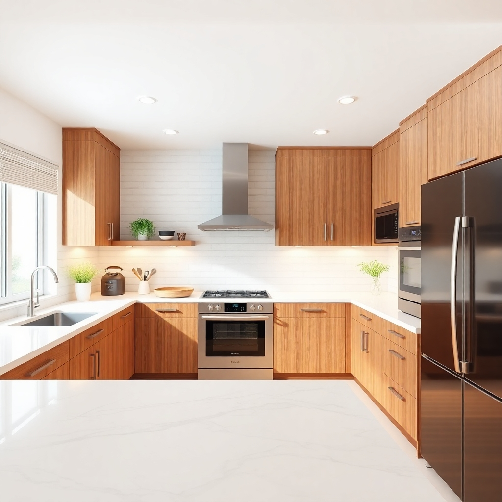 Create a photorealistic image of a beautifully renovated kitchen. Show modern cabinets, updated appliances, and sleek countertops. The lighting should be bright, highlighting the design. Use a bright, modern color palette. The camera angle should showcase the entire kitchen.  Textures should be realistic, from the wood grain of cabinets to the smooth surface of countertops. The style should be sleek and modern. Technical specs: High-quality, photorealistic rendering.