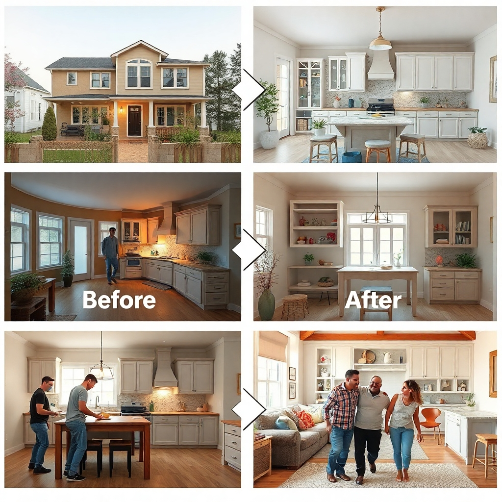 Create a photorealistic image showing the steps of a home remodel process. The composition might include before and after photos, workers in action, and happy homeowners in the final product. The lighting should be clear and showcase the transformation. The color palette should follow the home's style guide. The camera angle should capture the before-after transformation. Textures should include the original and upgraded materials. The style should show clear progression and completion. Technical specs: High-quality, photorealistic rendering.