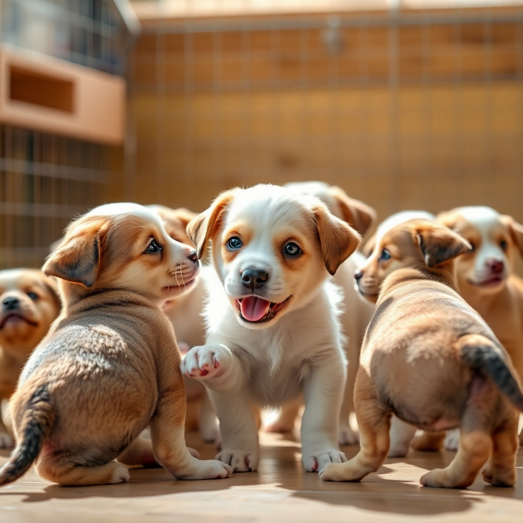 Create a photorealistic image of a group of puppies playfully interacting in a safe and supervised environment. The lighting should be bright and natural, with a playful atmosphere. Focus on showing positive interaction between the puppies. High-quality textures and details are important.