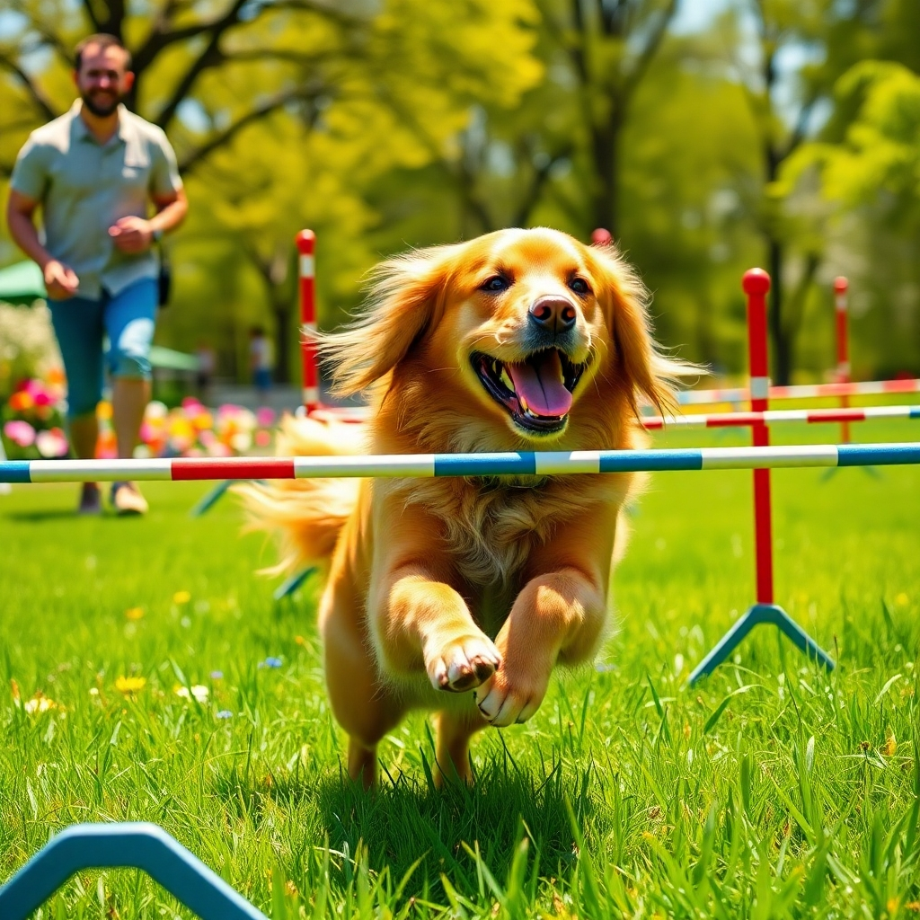 Create a photorealistic, ultra-high-quality 8K resolution image.  The image should depict a happy golden retriever effortlessly performing a complex trick, such as weaving through agility obstacles, with its owner smiling proudly in the background. The setting should be a lush, sunny park with vibrant green grass and colorful flowers. The lighting should be natural and bright, emphasizing the dog's joyful energy. Use a slightly low-angle shot to capture the dog's playful movements and height.  The color palette should be warm and inviting, with shades of green, gold, and blue dominating the scene. Pay attention to the detailed textures of the dog's fur, the grass, and the flowers.  The overall style should evoke a feeling of joy, trust, and accomplishment.  Reference images of professional dog agility competitions and joyful dog-owner interactions.  The final image should feel hyperrealistic.