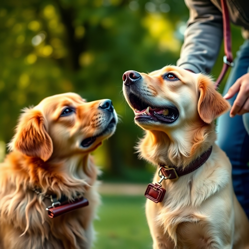 Create a photorealistic, ultra-high-quality 8K resolution image.  The image should depict a heartwarming scene of a dog and its owner engaged in a positive training session. The dog, a golden retriever, should be attentively focused on its owner, who is using positive reinforcement techniques. The lighting should be soft and natural, with a warm color palette. The composition should be balanced, with the dog and owner positioned slightly off-center. The background should be a lush, green park, with blurred foliage to keep the focus on the dog and owner.  The texture of the dog's fur should be highly detailed and realistic, and the owner's clothing should appear natural and comfortable.  The overall style should be reminiscent of a classic National Geographic photo, emphasizing the bond between human and animal. Include a well-maintained leather leash and a small treat pouch as props. The camera angle should be at eye level, offering an intimate and engaging perspective. The final image should showcase a hyperrealistic style, conveying the love, trust, and understanding at the heart of dog training.