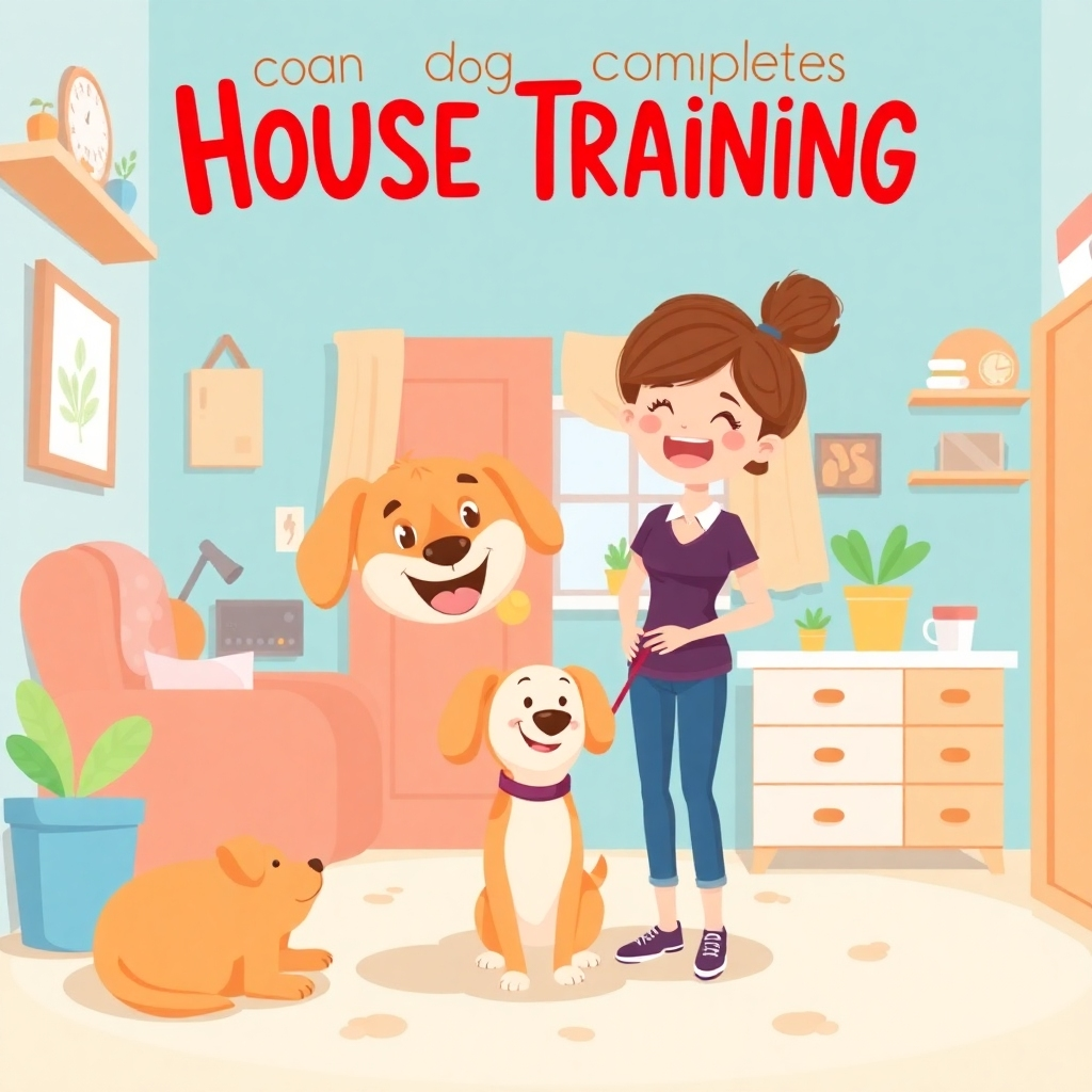  Create a stylized illustration of a happy dog and owner completing house training. The art style should be whimsical and fun, with vibrant colors and cute characters. The scene should depict a clean and organized home. The focus should be on the joy of success.