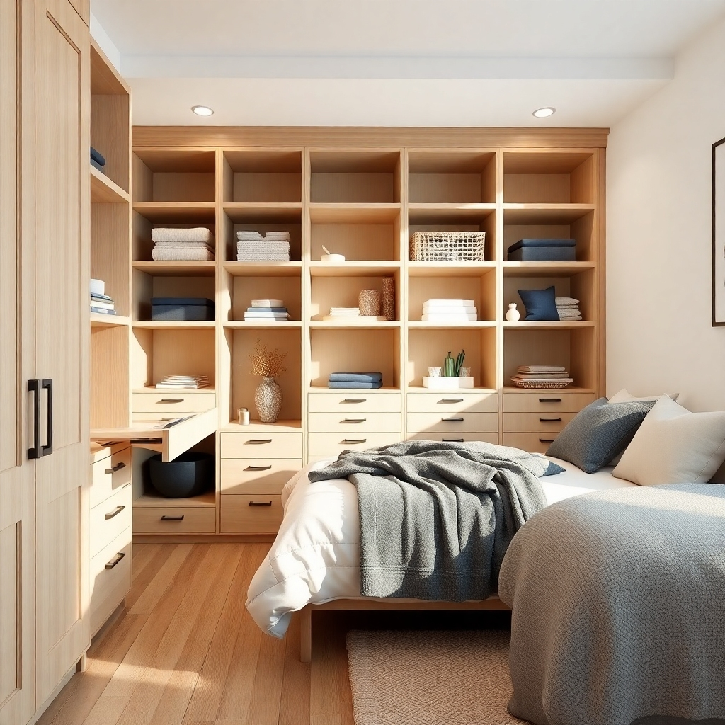 Generate a photorealistic image of a stylish, well-organized home interior featuring clever storage solutions. Show built-in shelving, drawers within drawers, and under-bed storage. The composition should highlight the functionality and aesthetic appeal. The lighting should be bright, emphasizing the neatness. Use a muted color palette and natural materials. Show a variety of storage solutions in different rooms. The camera angle should provide a full view of each space. Textures should include wood, metal, and fabric. The style should be modern and minimalist. Technical specs: High-quality, photorealistic rendering.