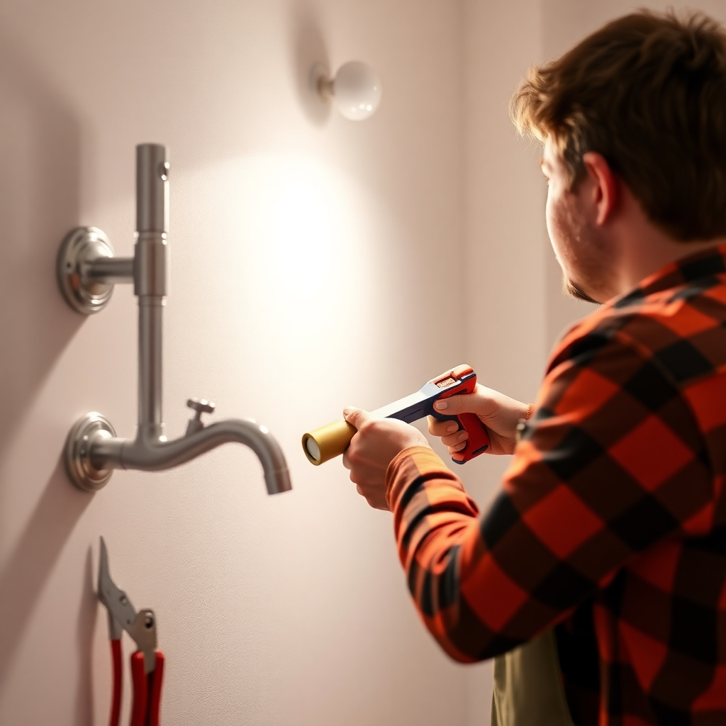 Generate a photorealistic image showcasing someone completing DIY home repairs. Show them fixing a leaky faucet, painting a wall, or replacing a light fixture. The lighting should be bright and clear, highlighting the tools and the process. Use a warm, inviting color palette. The camera angle should show the project in progress, capturing the details. Textures should include the materials used in the repair. The style should be clean and instructional. Technical specs: High-quality, photorealistic rendering.