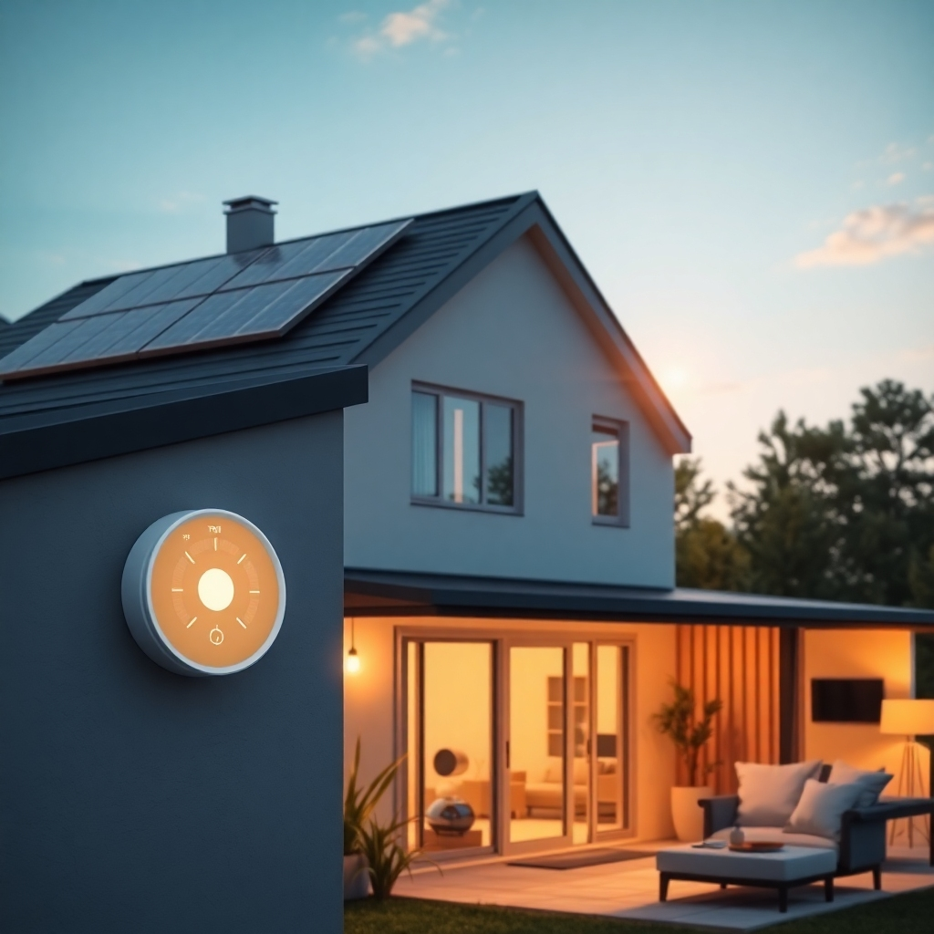 Generate a photorealistic image showcasing energy efficient home upgrades. Show solar panels on the roof, smart thermostats, and LED lighting. The lighting should be natural, with sunlight highlighting the clean energy solutions.  Use a modern, minimalist color palette. The camera angle should show the upgrades in different parts of the house, both interior and exterior. Texture details should include the smooth surfaces of solar panels, the sleek design of smart home technology, and warm lighting. The style should be futuristic and sustainable. Technical specs: High-quality, photorealistic rendering.