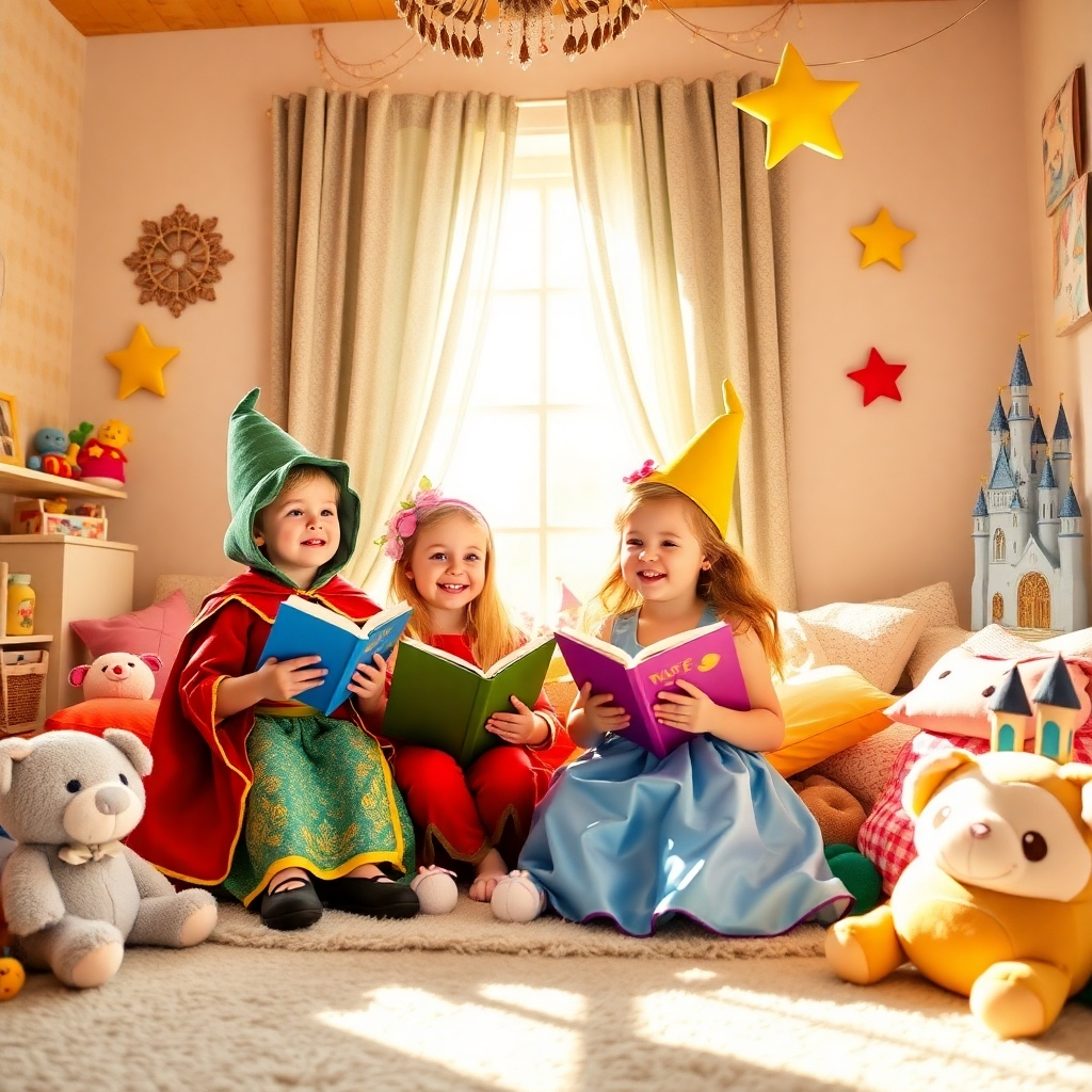 A charming, stylized image of children dressed as their favorite fairytale characters, happily engaged in imaginative play in a sunlit room filled with plush toys and fairytale decorations. The warm lighting highlights their joy and creativity as they enact scenes from their favorite stories, surrounded by colorful cushions and storybooks. The room is decorated with fairy tale motifs, such as stars and castles, creating a dreamlike, enchanting atmosphere. The camera captures the children’s expressions of joy and excitement. The colors are bright and playful, evoking a sense of happiness and adventure.