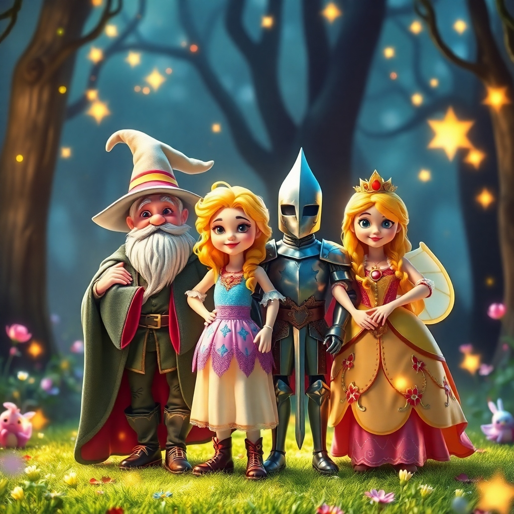 A colorful, stylized image of a group of fairytale characters, like a wise old wizard, a brave knight, and a clever princess, standing together in a mystical glade. The background is filled with sparkling fairy lights and ethereal elements that create a sense of magic. Each character exhibits a unique aura, with intricate costumes that capture their personalities. The lighting is soft and whimsical, enhancing the overall magical ambiance. The camera angle showcases their dynamic poses and the enchanting environment around them.