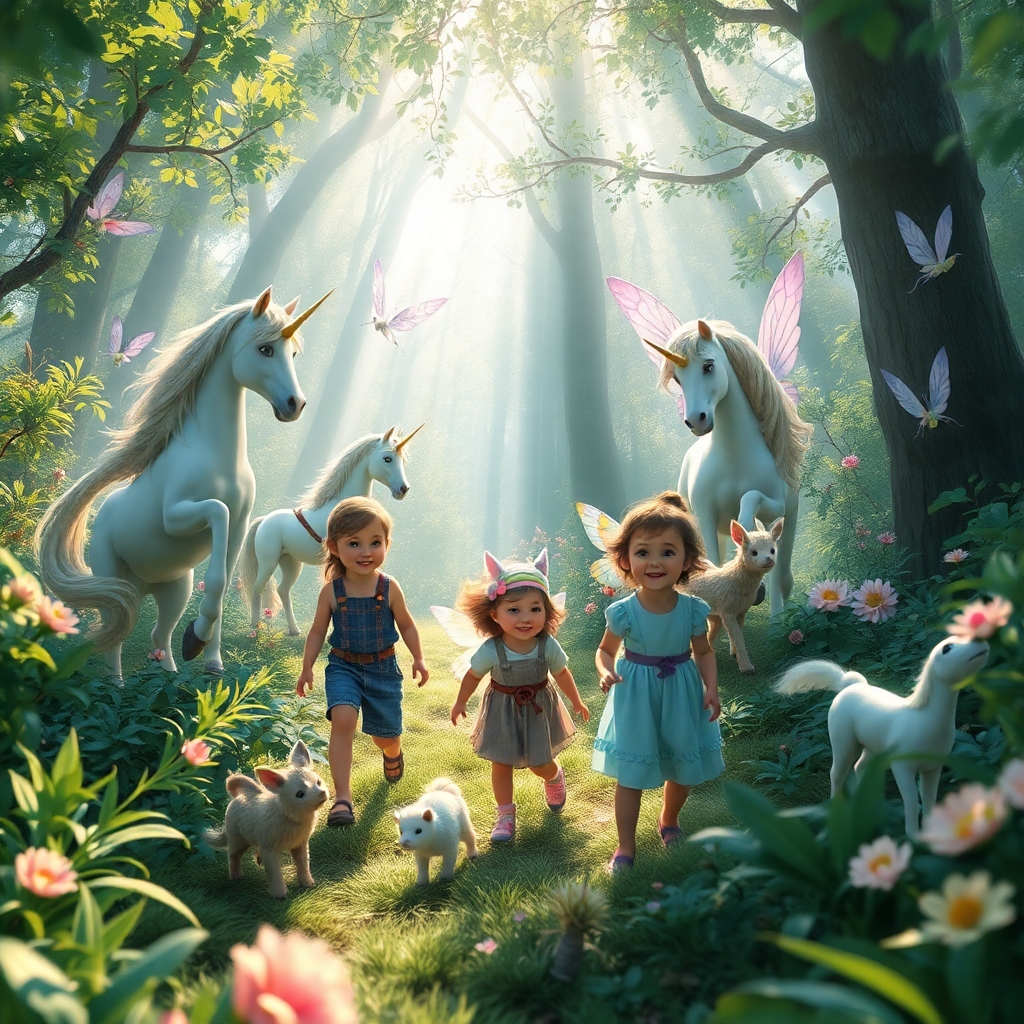 A fantastical, photorealistic scene illustrating a magical adventure in a lush forest filled with mythical creatures, such as unicorns and fairies, interacting with children exploring the environment. Sunbeams filter through the trees, creating a radiant atmosphere. A soft, dreamy color palette with greens, blues, and pastel pinks brings a sense of whimsy, while detailed textures on the creatures and foliage enhance the realism. The camera angle captures the children's joyful expressions during their adventure, evoking a sense of excitement and discovery.