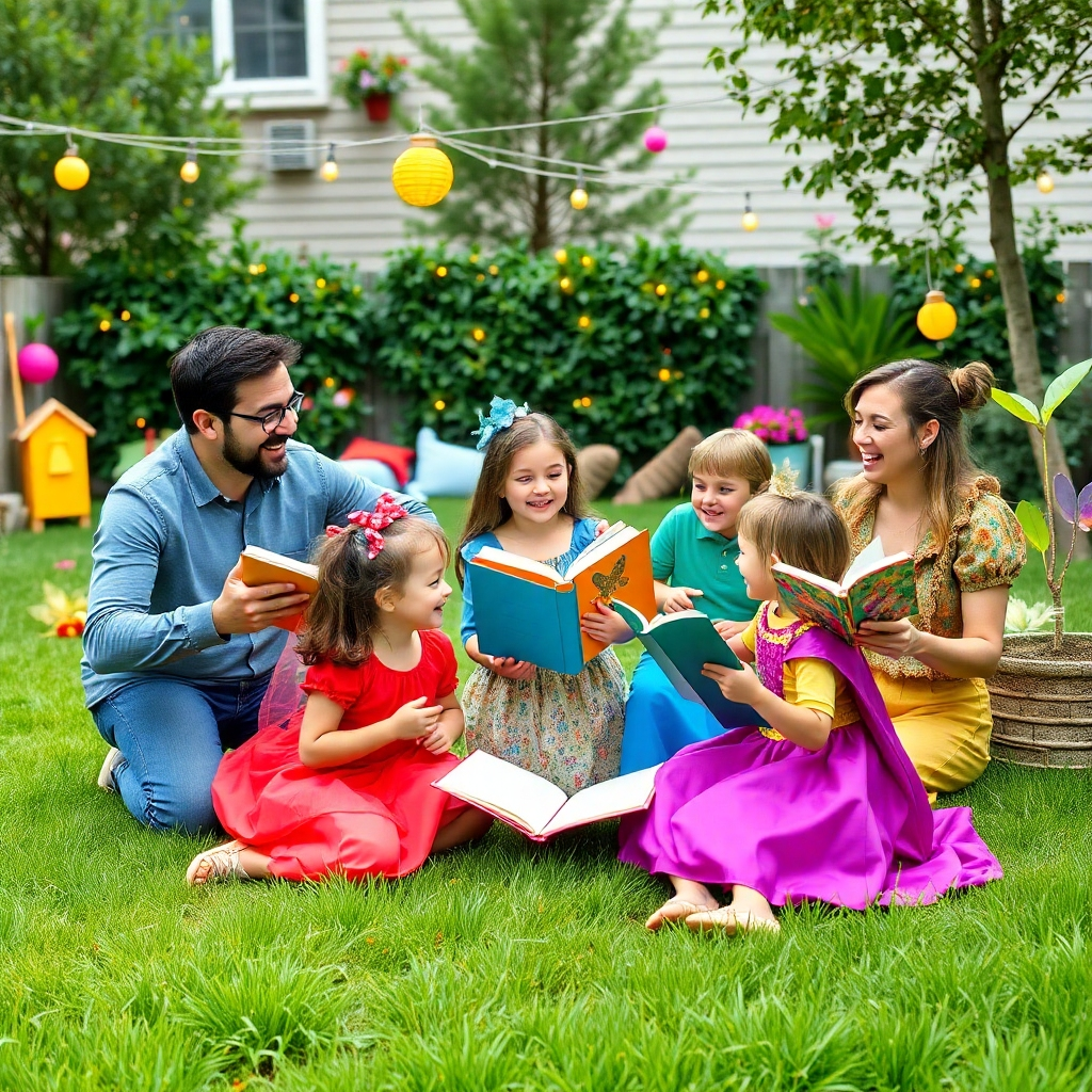 A lively, photorealistic image of a family engaged in imaginative outdoor storytelling, with children acting out scenes from their favorite fairytales. The backyard is adorned with whimsical decorations, including fairy lights and storybook props. The parents and children are animated, showcasing laughter and joy as they immerse themselves in storytelling. The colors are bright and vibrant, with the lush greens of the grass contrasting with colorful costumes. The camera angle captures the energetic interaction and the playful essence of their storytelling adventure.