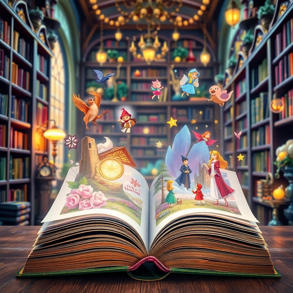 A vibrant and photorealistic image depicting an open fairytale book with floating illustrations coming to life, showcasing iconic scenes from stories like 'Sleeping Beauty' and 'Little Red Riding Hood.' The background features a whimsical library filled with towering bookshelves and magical decor, like starry lights and enchanted objects that spark imagination. The book is centered in soft focus, while the illustrations are vividly detailed and colorful, creating a sense of magical realism. The color palette is rich with jewel tones, conveying a sense of wonder. The camera angle is slightly above the book, enhancing the visual narrative.