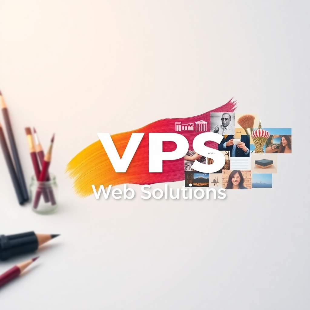 Create a 4K resolution image representing the essence of VPS Web Solutions.  The image could be a stylized representation of a paintbrush stroke transforming into a logo, or a collage of successful design projects. The lighting should be soft and warm, creating a feeling of creativity and innovation. The color palette should be sophisticated and elegant. The camera angle should be from a slightly above perspective. The texture should be high quality, conveying a sense of craftsmanship and attention to detail. The environment should be abstract, focusing on the creative process itself. Relevant props could be various design tools such as pencils, brushes, and palettes. Style references could be taken from modern abstract art and design, emphasizing clean lines and bold colors. The overall image should convey a sense of professionalism, creativity, and innovation.