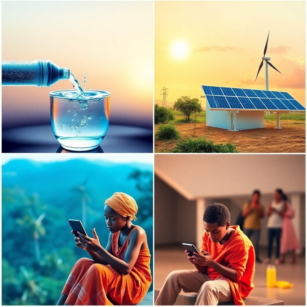 Create a composite image showing clean water being provided, solar panels delivering energy, and people accessing internet services. Show people using these services. Use a vibrant, hopeful color palette. The lighting should be natural and uplifting. The style should be photorealistic with a subtly hopeful tone.