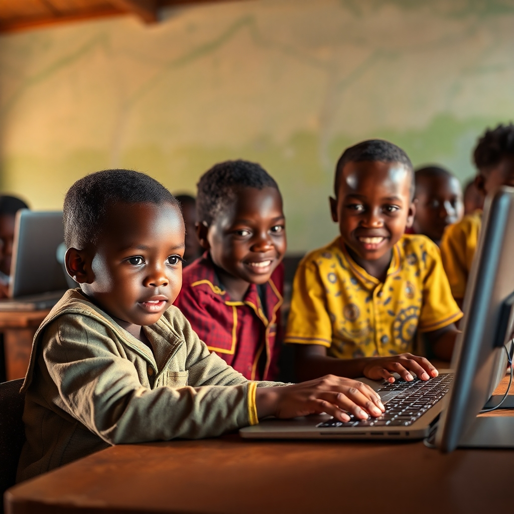 Create a photorealistic image showing children in Benin actively learning with the aid of the internet in a community center or school. Use warm lighting and a color palette that conveys a sense of optimism and opportunity.  Capture genuine expressions and interactions. The style should reflect the uplifting impact of internet access on education and community development.