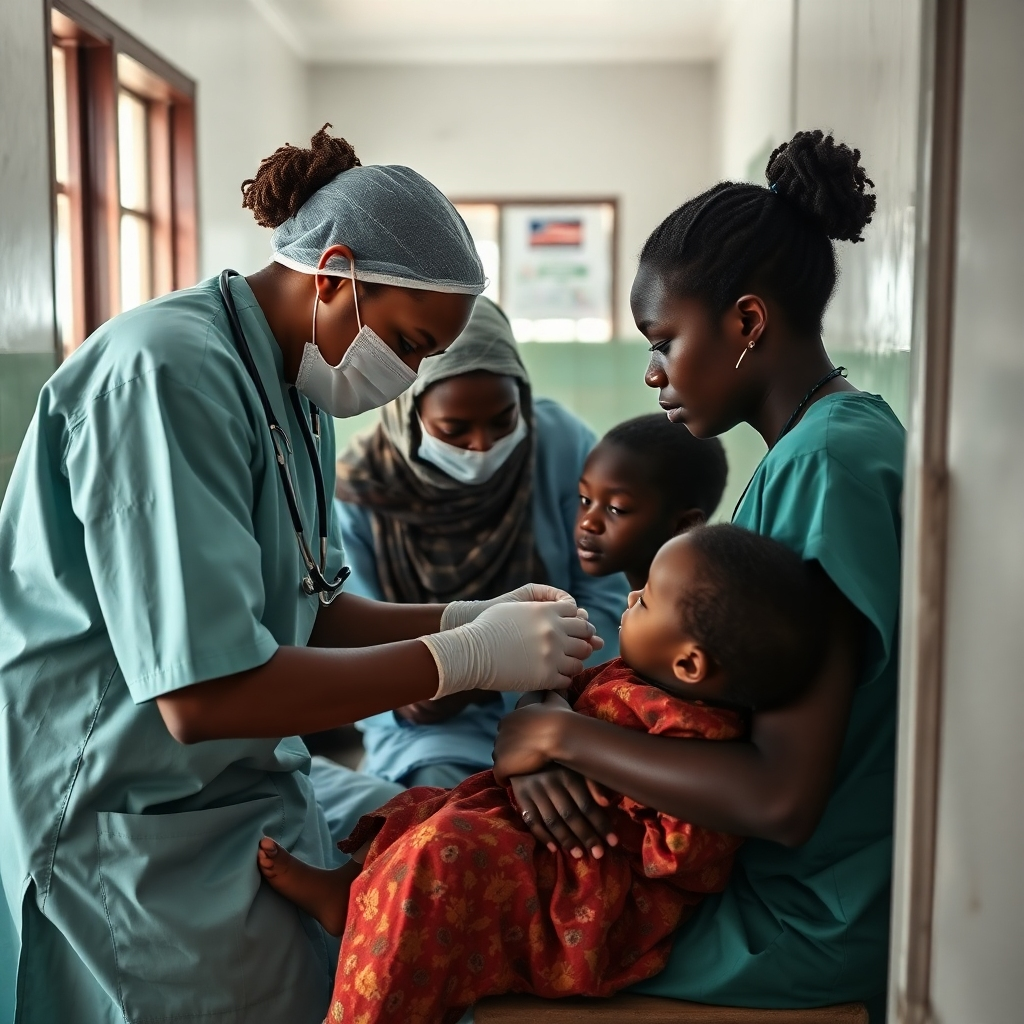 Create a photorealistic image showcasing medical professionals providing care in a rural clinic or mobile healthcare unit in Benin. Focus on capturing genuine interactions between healthcare workers and patients. Use soft lighting and a color palette that conveys calmness and hope. The style should evoke a sense of compassion and trust.